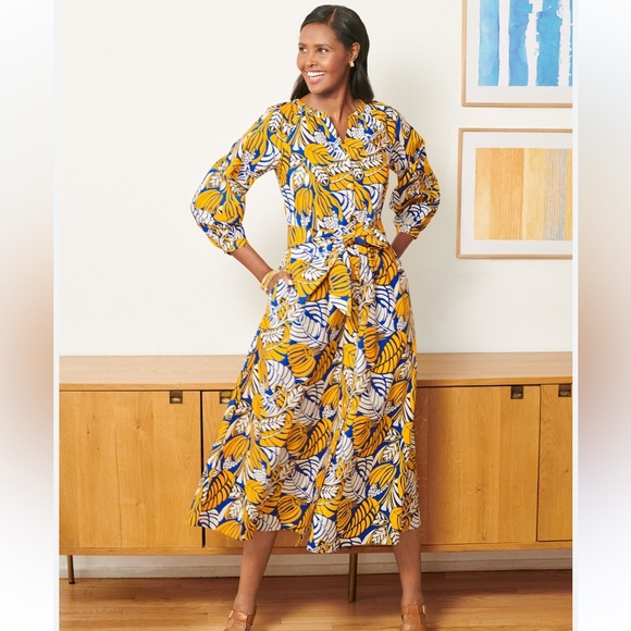 Talbots Poplin  Shirt Dress with Yellow and Blue Colorblock Leaf Print -10p - Picture 1 of 9